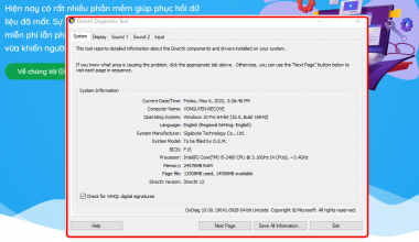 Cách kiểm tra công cụ Dxdiag Win 10
