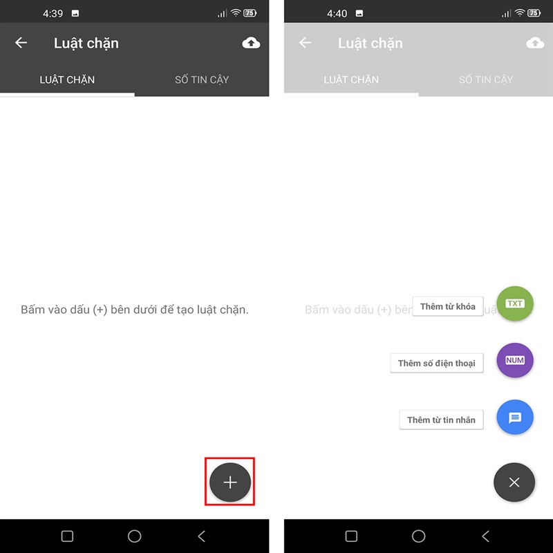 Thêm từ khóa, Thêm số điện thoại và cuối cùng là Thêm từ tin nhắn.