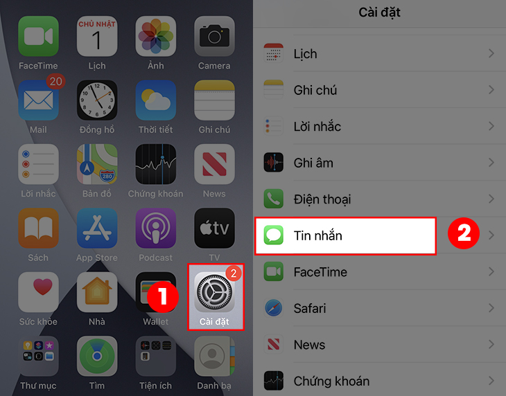 Bạn hãy mở mục Cài đặt, kéo xuống dưới và chọn vào mục Tin nhắn