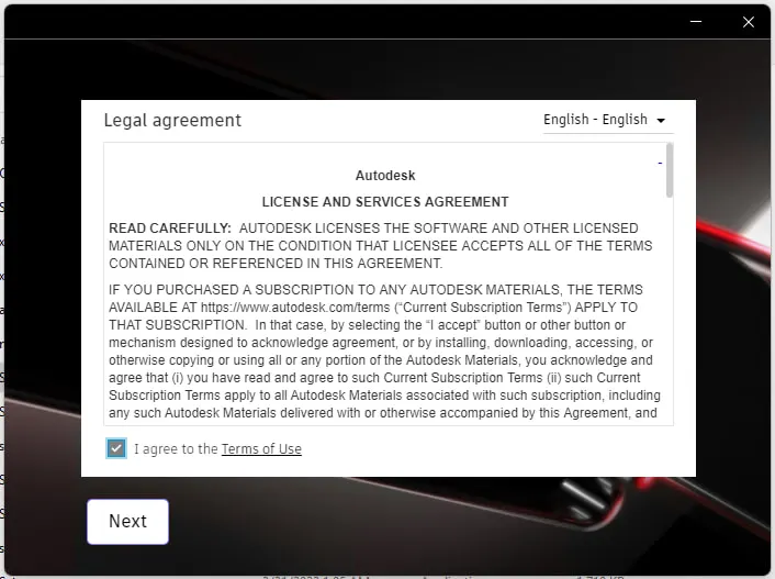 Chọn “I agree to the Terms of Use” và Next 