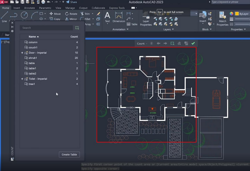 Có thể đếm số lượng của đối tượng trong một khu vực nhất định nhờ count trong AutoCAD 2023