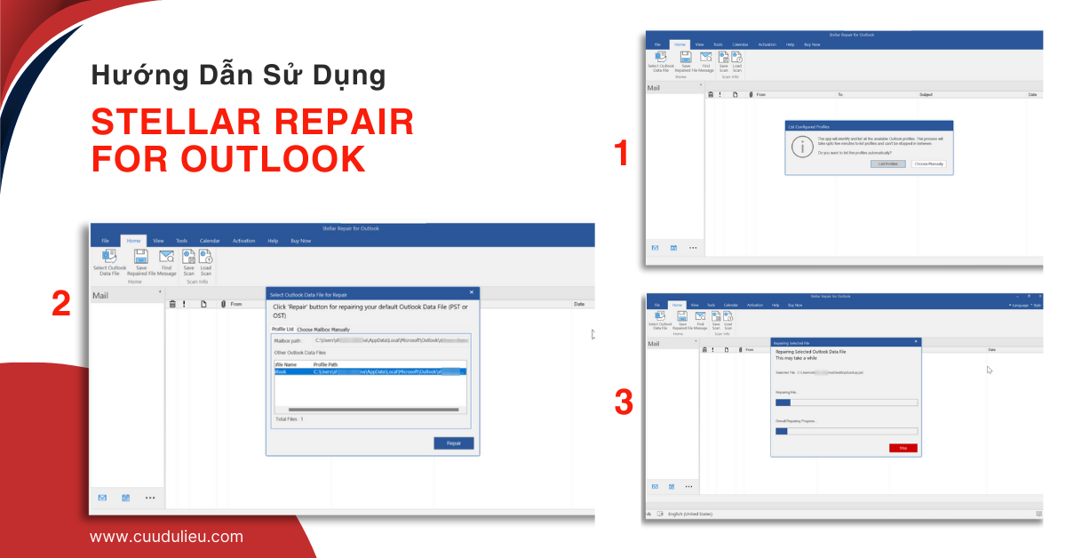 Hướng dẫn sử dụng Stellar Repair for Outlook bước 1, 2 và 3