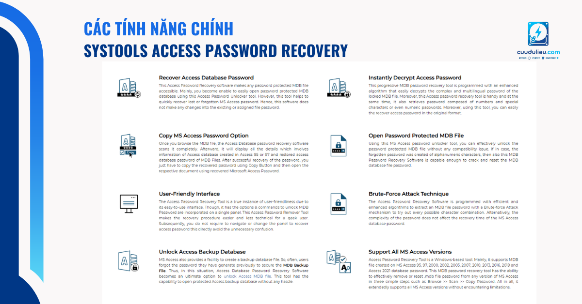 Các tính năng chính SysTools Access Password Recovery