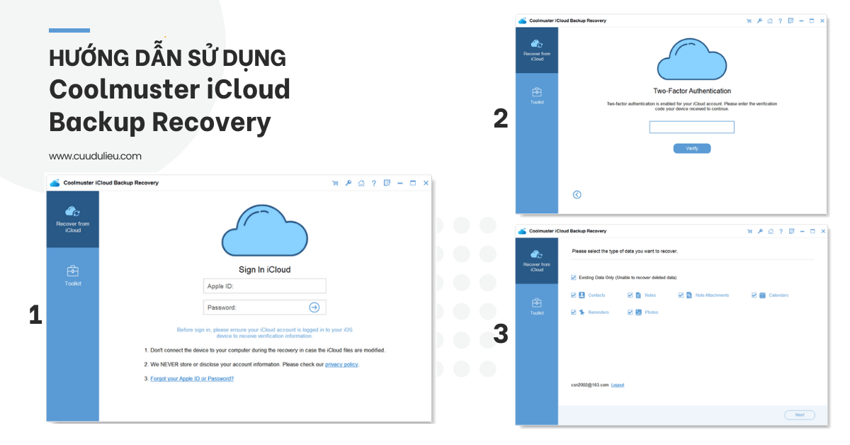 Hướng dẫn sử dụng Coolmuster iCloud Backup Recovery bước 1, 2 và 3