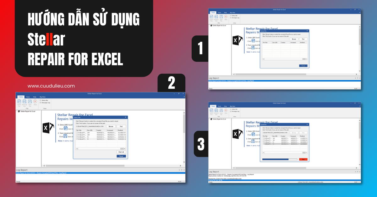 Hướng dẫn sử dụng stellar repair for excel bước 1, 2 và 3