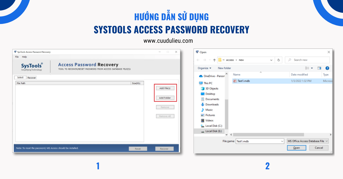 Hướng dẫn sử dụng SysTools Access Password Recovery bước 1 và 2